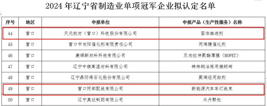 2024年辽宁省制造业单项冠军企业名单